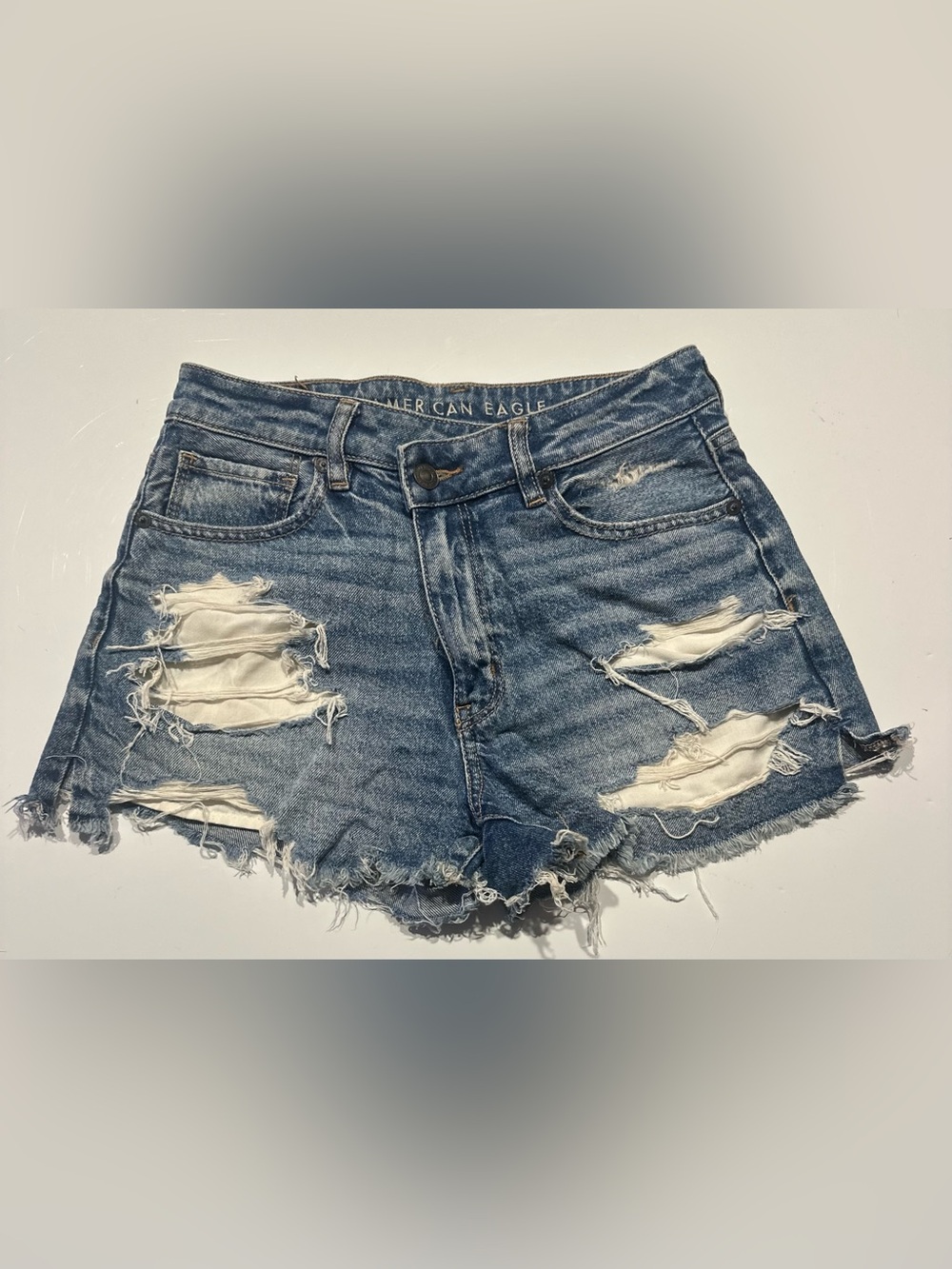 American Eagle Crossover Distressed Blue Denim Jean Shorts